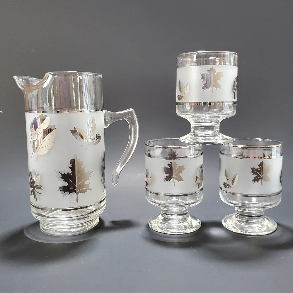 Libbey Vintage Silver Leaf Frosted Glass Pitcher & Pillar Glasses Cocktail Set